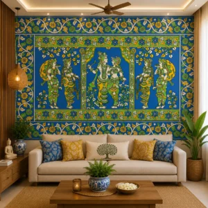 Blue, Green & Gold Heritage, Indian Temple Art Wallpaper