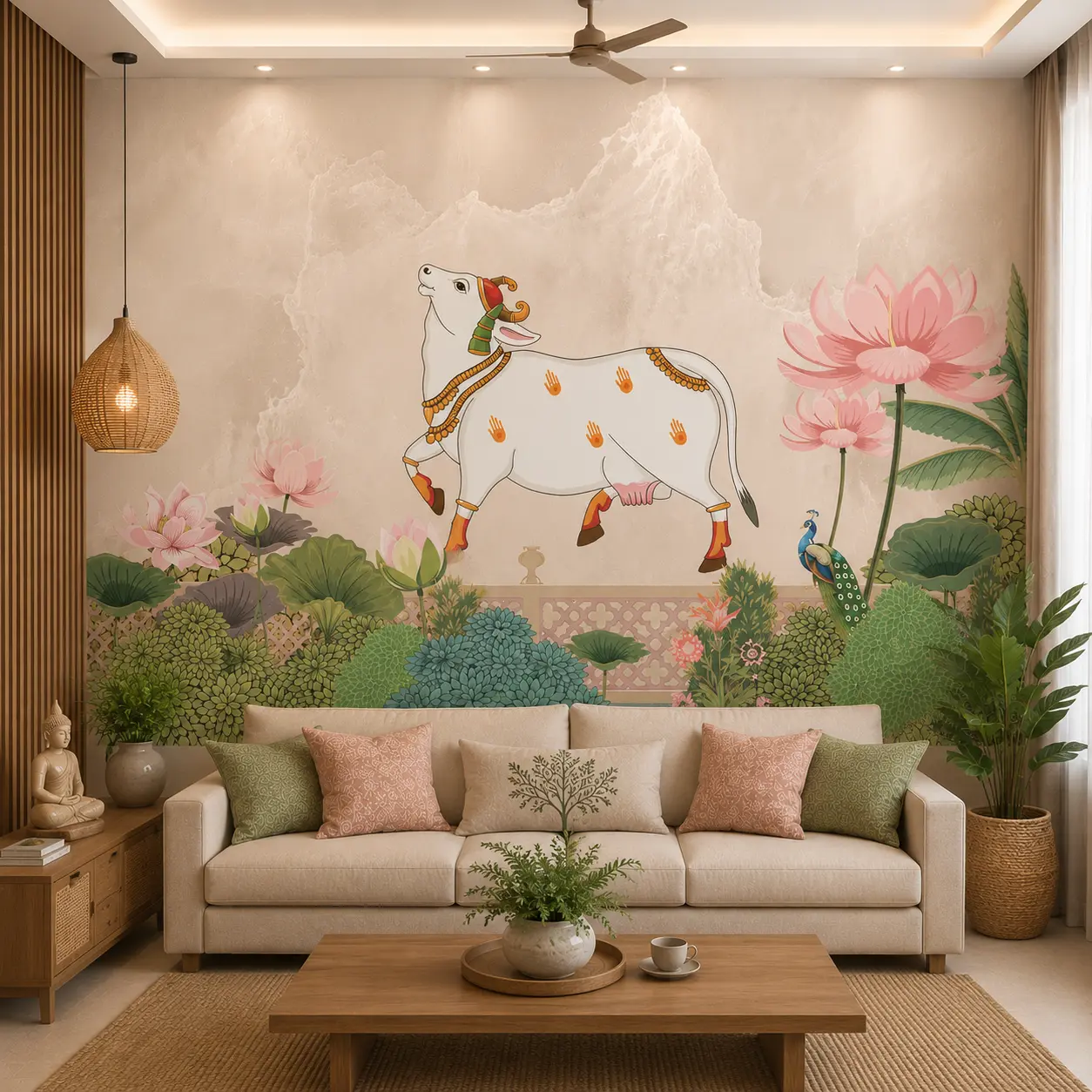 Indian Folk Art, Sacred Cow & Lotus Wallpaper for Pooja Room 1 Indian Folk Art, Sacred Cow & Lotus Wallpaper for Pooja Room