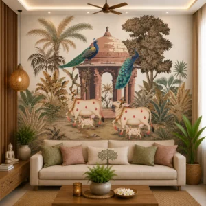 Indian Heritage Peacock & Cow Garden Wallpaper