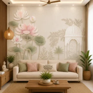 Pink Lotus Garden Wallpaper with White Palace Arch