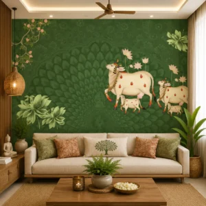Royal Green Cow & Lotus Indian Heritage Wallpaper