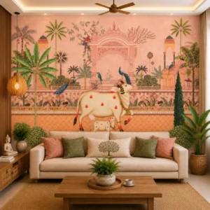 Royal Indian Palace, Cow, Peacock & Garden Design Wallpaper