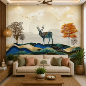 Scenic Art, Deer & Mountain Landscape Wallpaper